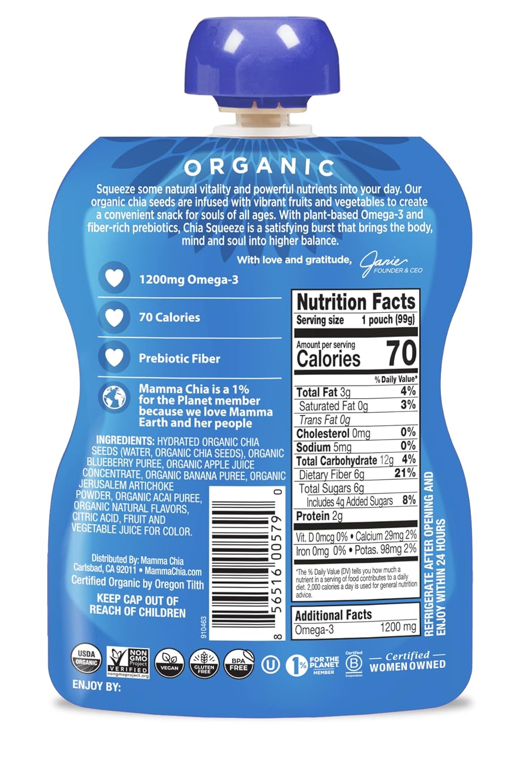 Blueberry Acai Organic Chia Prebiotic Squeeze - Tiny Noms