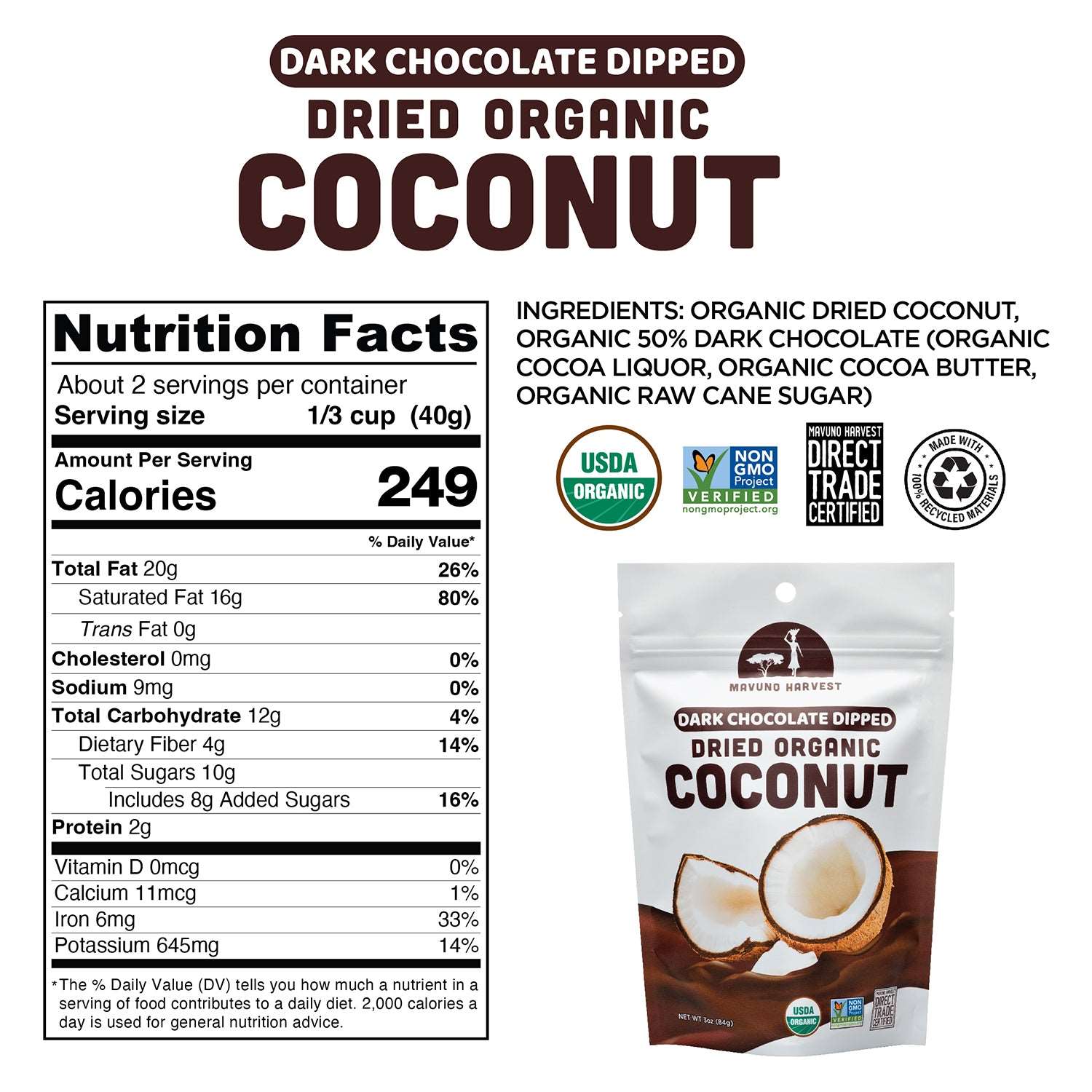 Organic Dried Coconut Dipped in Dark Chocolate - Tiny Noms